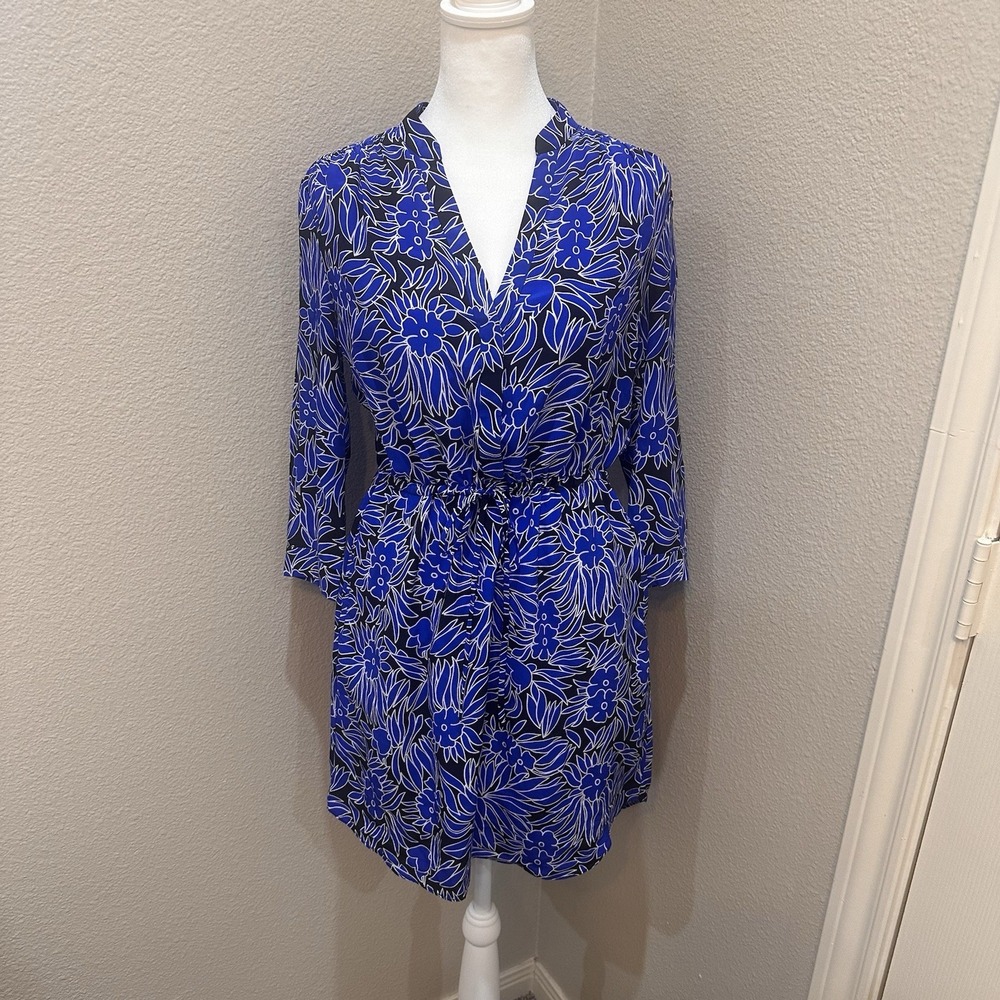 Diane Von Furstenberg Silk Blue Black Floral Shirt Dress Sz 2 Drawstring Waist